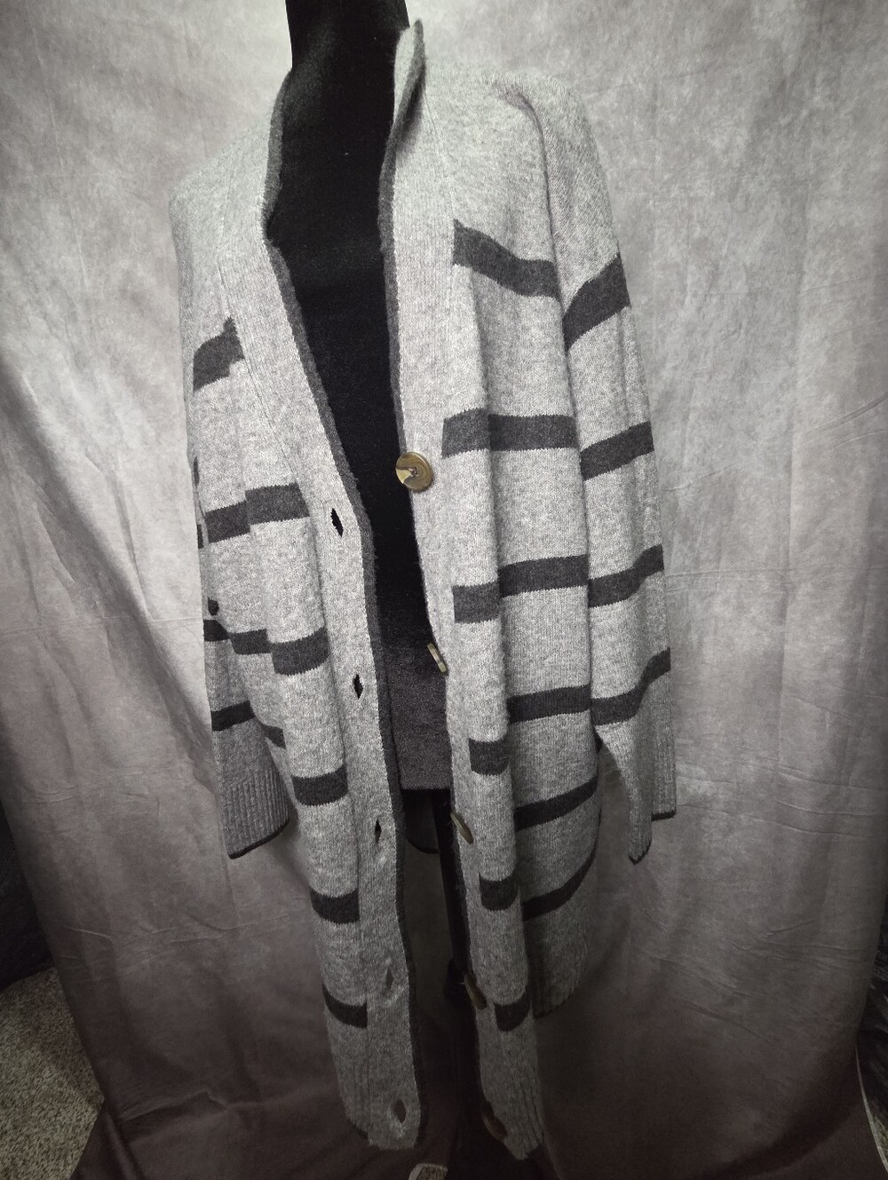 Gray Striped Long Button Cardigan